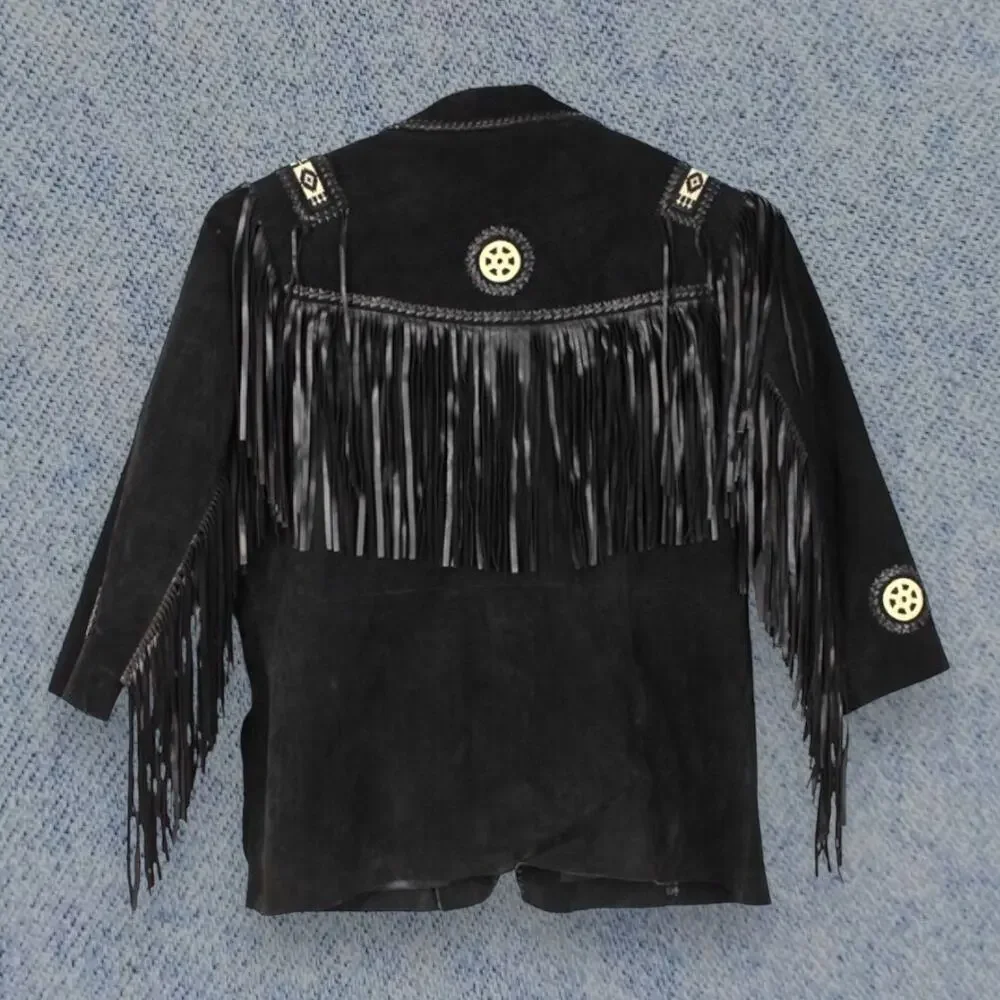 Vintage Scully Men’s Western Fringe Black Leather Beaded Tribal Jacket - Size 52